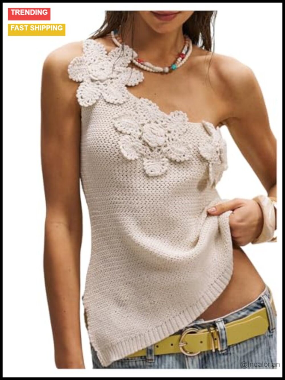 SOLY HUX Crochet Knit Tank Top 3D Floral One Shoulder Sleeveless Summer Top